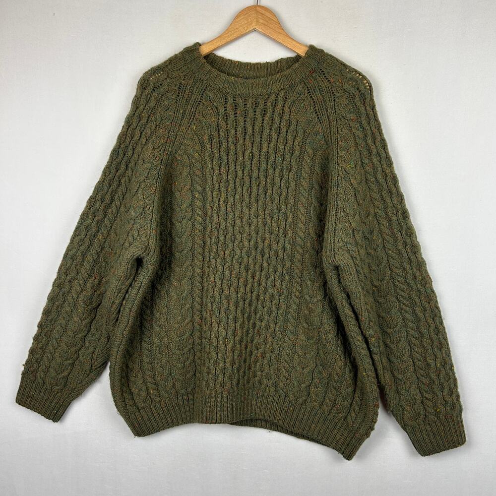 Lands' End Vintage Wool Fisherman Sweater Green Made in England Men's Size XL